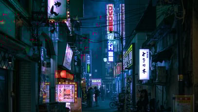 Image of street in Asian city at night