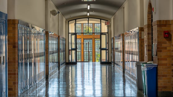 Blue metal lockers along a nondescript hallway, with windows, in a typical High School.
