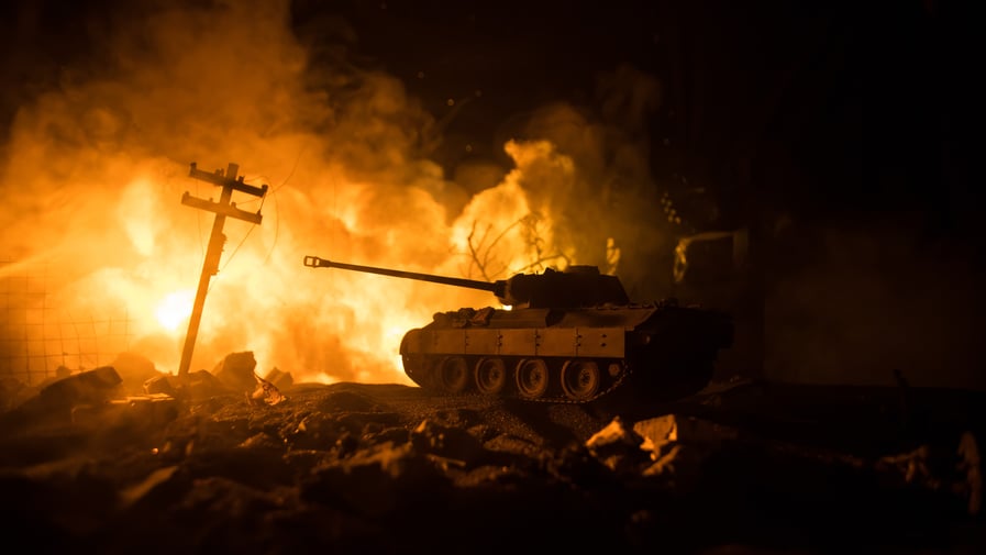 A tank amongst smoke and fire