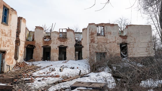 Post-war landscape. Destroyed building. War ruins. Destroyed city after the bombing. Dead city. Bombed buildings. Debris buildings. War destruction. Ukraine