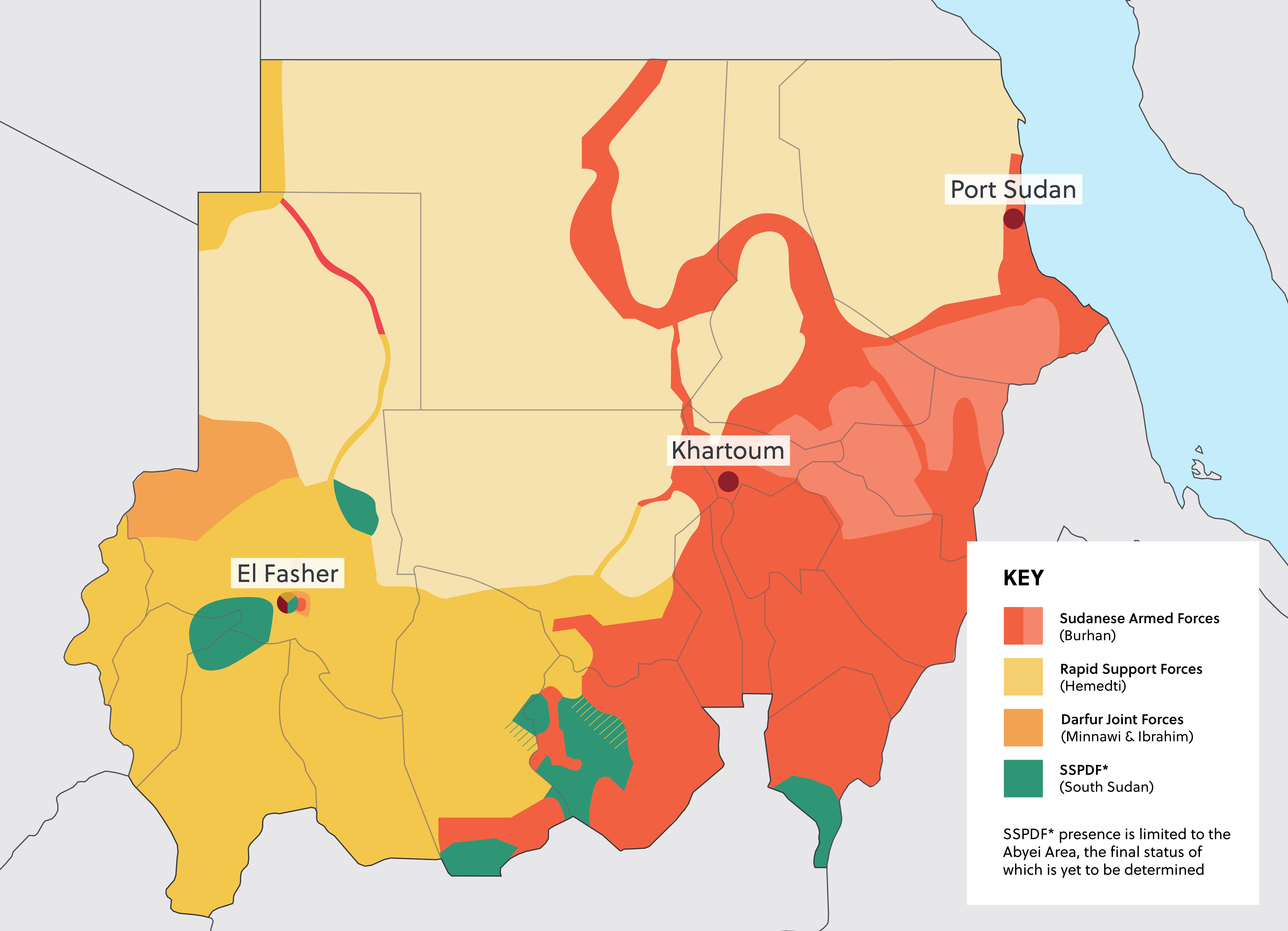 Map of Sudan's shifting frontlines as at 1 August 2025