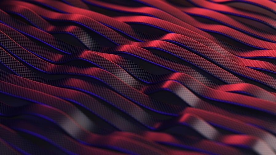 Black carbon fiber motion background. Technology wavy line with red neon glowing light 3d illustration