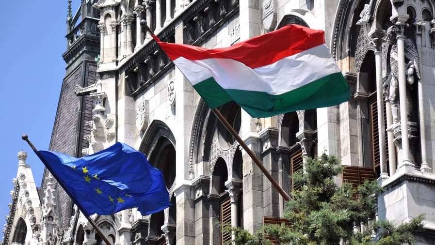 hungarian and european union flags of the parliament building, Budapest, Hungary